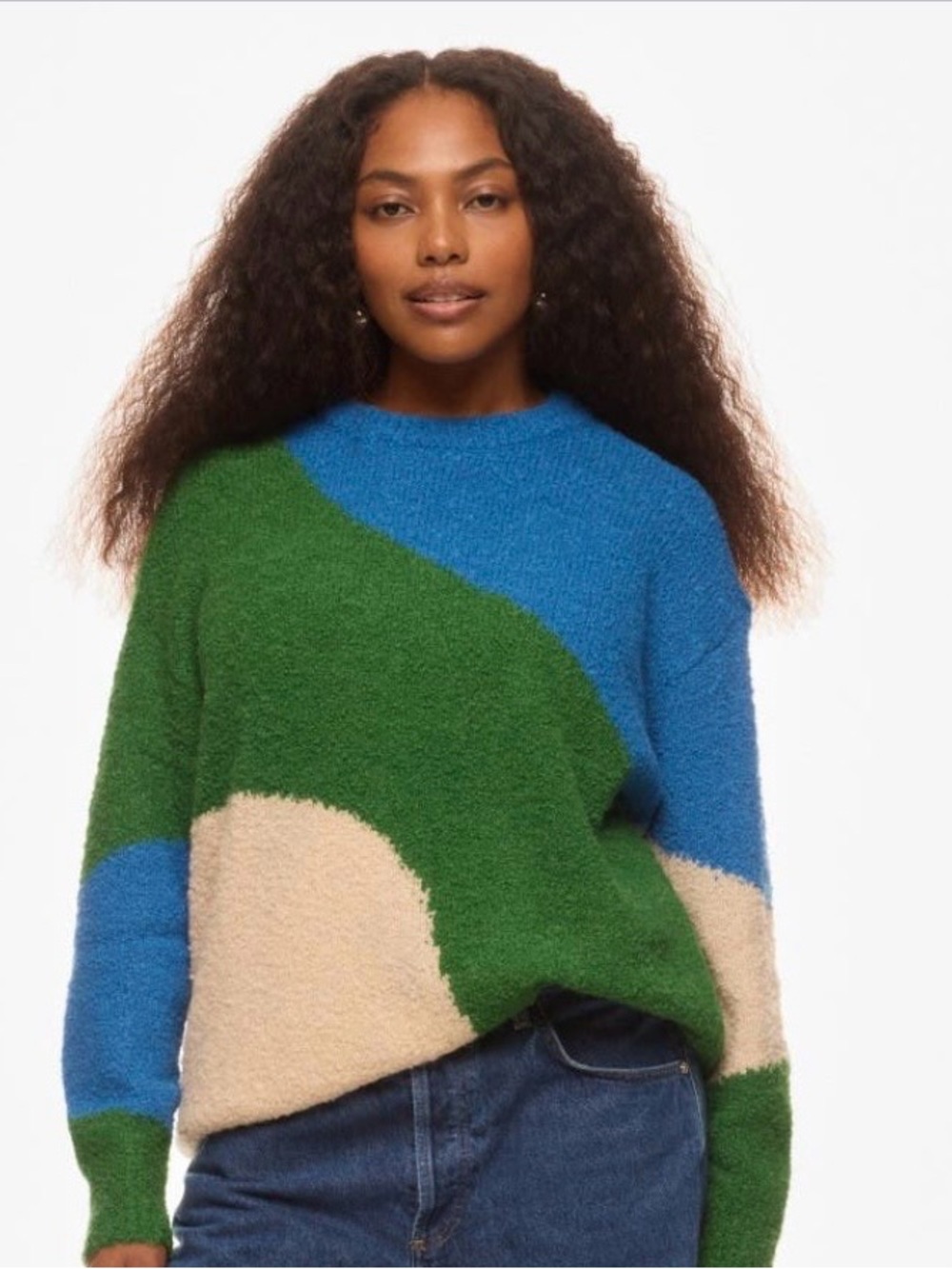 Apiece Apart Blue, Green & Cream Colorblock Crewneck Sweater
